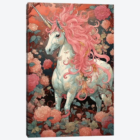 Pink Unicorn With Flowers Canvas Print #DLB190} by David Loblaw Canvas Art Print