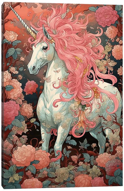 Pink Unicorn With Flowers Canvas Art Print - Unicorn Art
