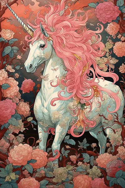 Unicorns: Pink Unicorn With Flowers by David Loblaw