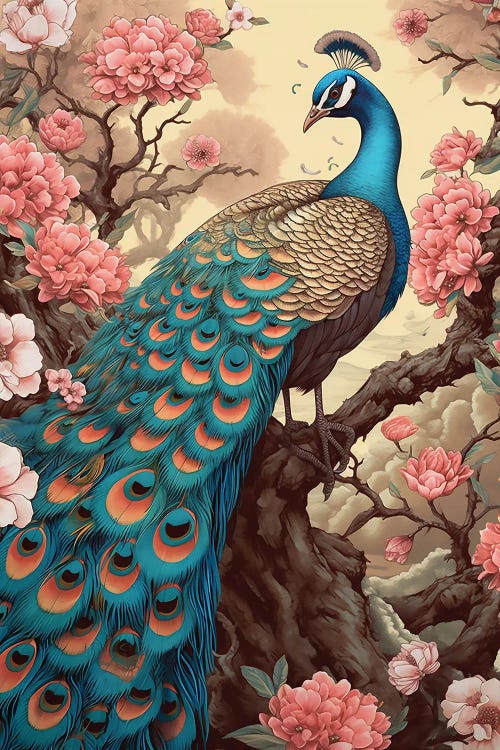 Peacock With Flowers by David Loblaw wall art