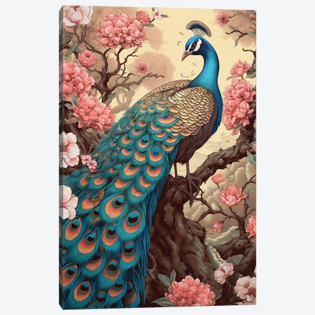 Peacock With Flowers Canvas Print #DLB192} by David Loblaw Canvas Print