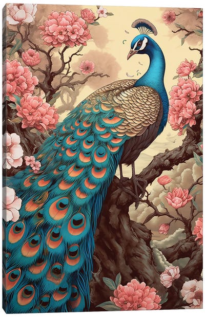 Peacock With Flowers Canvas Art Print - Peacock Art