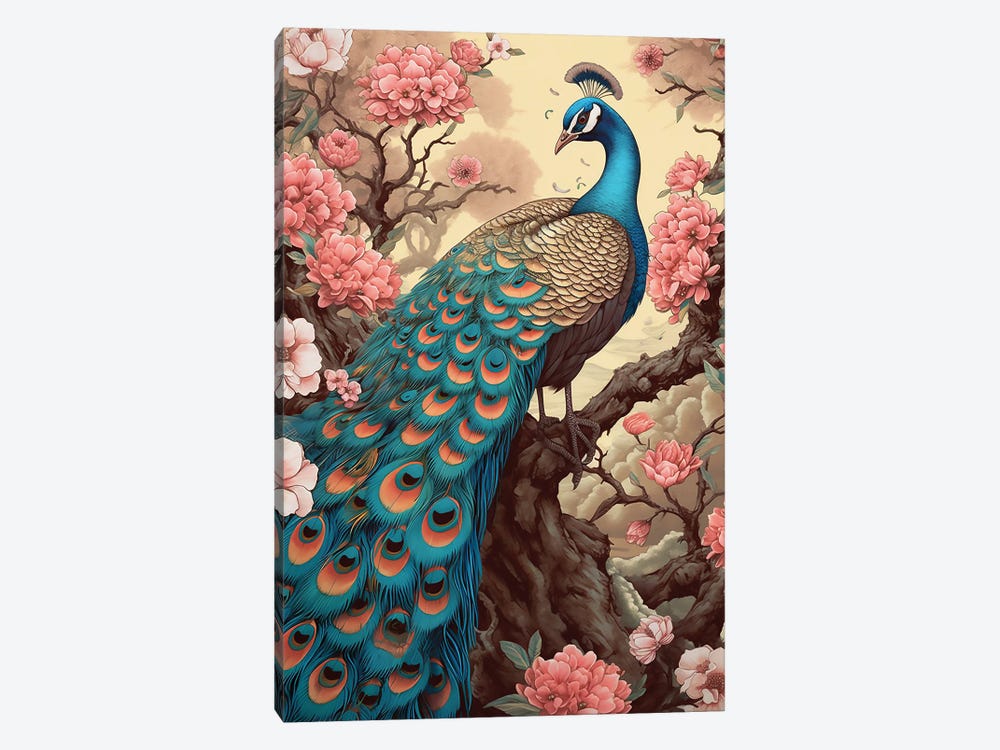 Peacock With Flowers by David Loblaw 1-piece Canvas Art Print