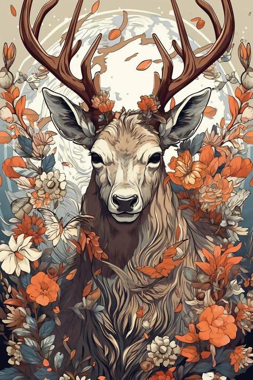 Deer With Flowers by David Loblaw wall art
