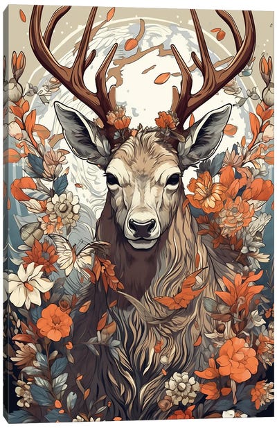 Deer With Flowers Canvas Art Print - David Loblaw