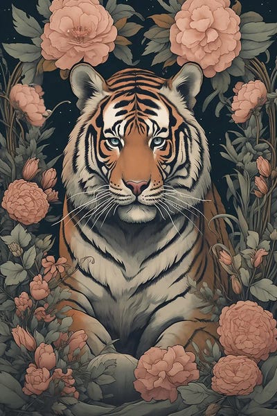 Tiger With Flowers by David Loblaw framed canvas print