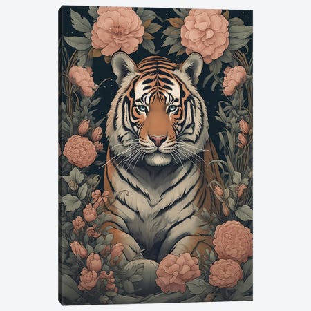 Tiger With Flowers Canvas Print #DLB194} by David Loblaw Canvas Artwork