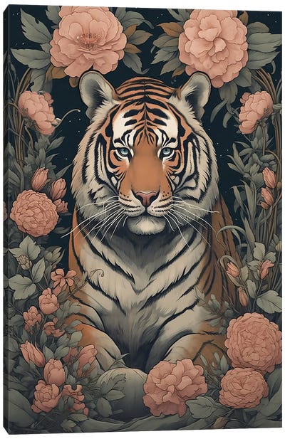 Tiger With Flowers Canvas Art Print - David Loblaw