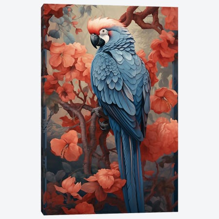Parrot With Flowers Canvas Print #DLB195} by David Loblaw Canvas Artwork