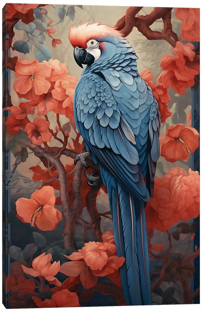 Parrot With Flowers Canvas Art Print - David Loblaw