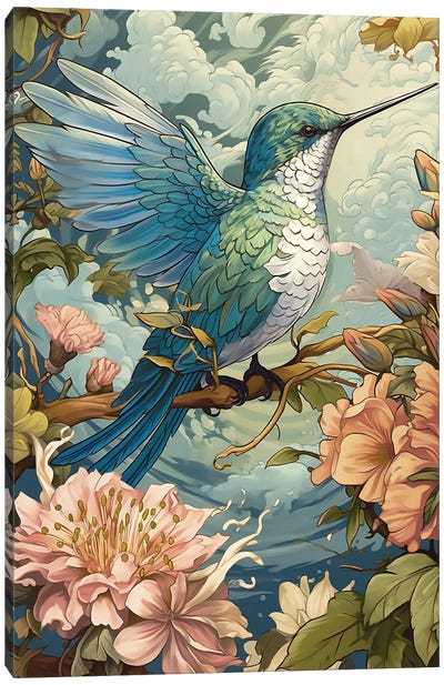 Hummingbird With Flowers Canvas Art Print - Hummingbird Art