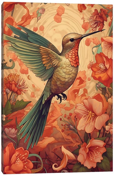 Hummingbird With Red Flowers Canvas Art Print - David Loblaw