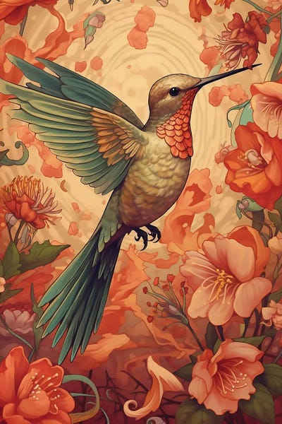 Hummingbirds: Hummingbird With Red Flowers by David Loblaw