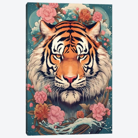 Bangle Tiger With Flowers Canvas Print #DLB198} by David Loblaw Art Print