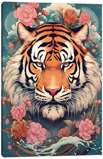 Bangle Tiger With Flowers Canvas Art Print - David Loblaw