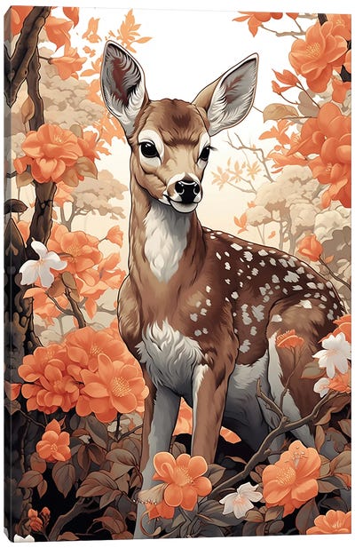 Baby Deer With Flowers Canvas Art Print - David Loblaw