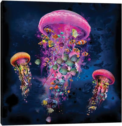 Electric Jellyfish World Pink Canvas Art Print - Kids Fantasy Art