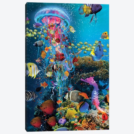 Electric Jellyfish At The Reef Canvas Print #DLB31} by David Loblaw Canvas Wall Art