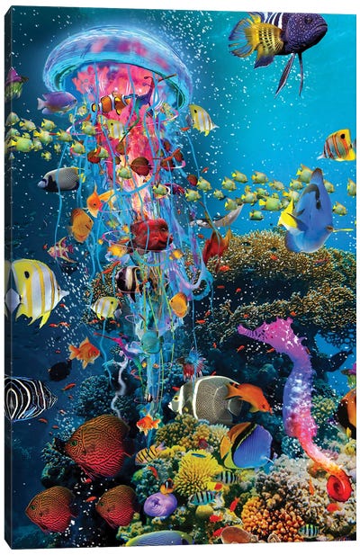 Electric Jellyfish At The Reef Canvas Art Print - Kids Ocean Life Art