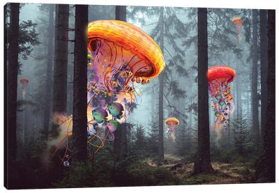 Electric Jellyfish Forest Canvas Art Print - Kids Ocean Life Art