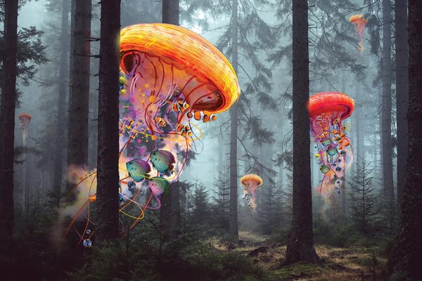 Large Floral & Botanical Art - Canvas Prints: Electric Jellyfish Forest by David Loblaw