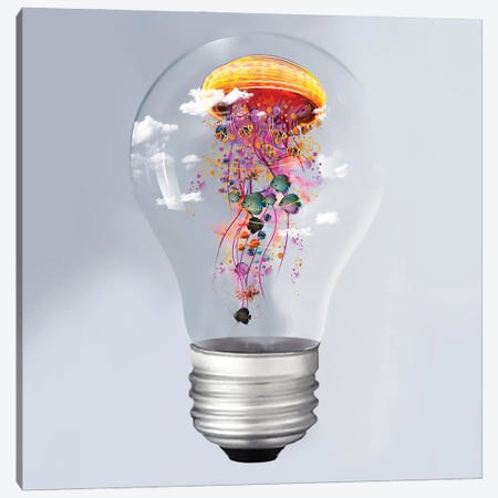Electric Jellyfish In A Lightbulb Canvas Print #DLB33} by David Loblaw Canvas Wall Art