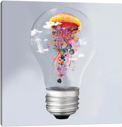 Electric Jellyfish In A Lightbulb Canvas Art Print - David Loblaw