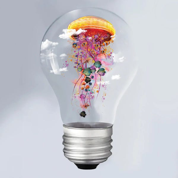 Kids Ocean Life Art: Electric Jellyfish In A Lightbulb by David Loblaw