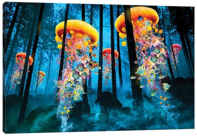 Electric Jellyfish In A New Blue Forest Canvas Art Print - Pine Tree Art