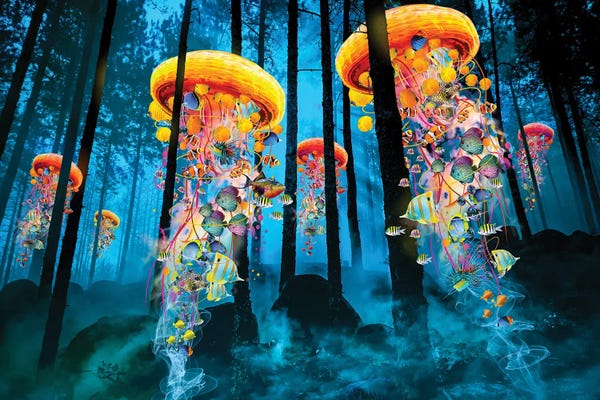 Kids Inspirational Art: Electric Jellyfish In A New Blue Forest by David Loblaw
