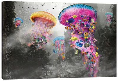 Electric Jellyfish In The Myst Mountain Canvas Art Print - Jellyfish Art