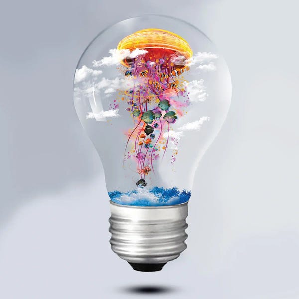 Kids Ocean Life Art: Electric Jellyfish Lightbulb by David Loblaw