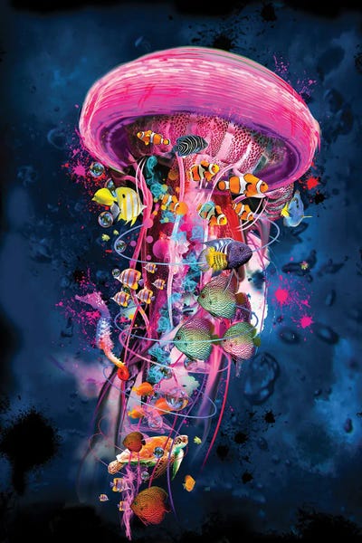 Kids Inspirational Art: Pink Electric Jellyfish World by David Loblaw