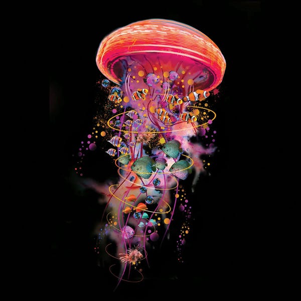 Kids Ocean Life Art: Electric Jellyfish World In Red by David Loblaw