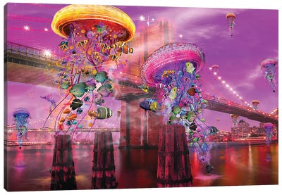 Electric Jellyfish Brooklyn Canvas Art Print - Brooklyn Bridge