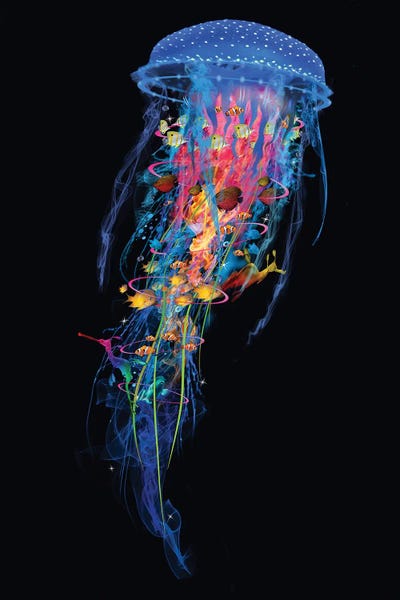 Kids Ocean Life Art: Electric Blue Jellyfish by David Loblaw