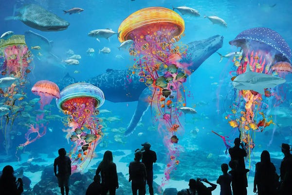 Kids Ocean Life Art: Super Electric Jellyfish Aquarium by David Loblaw