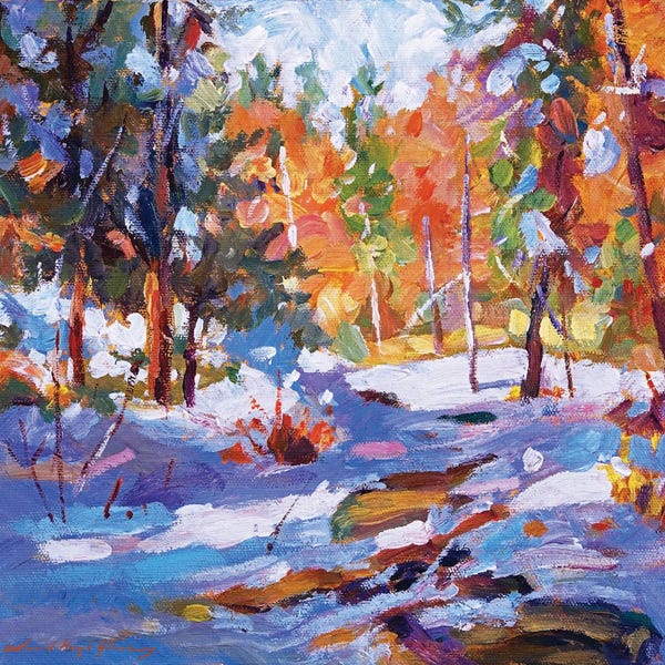 Plein Air Paintings: Snow Fell At The Creek Plein Air by David Lloyd Glover