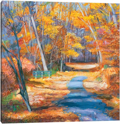 Park Bench In Fall Canvas Art Print - David Lloyd Glover