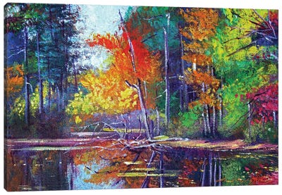 Autumn Reflects On The Pond Canvas Art Print - Pond Art