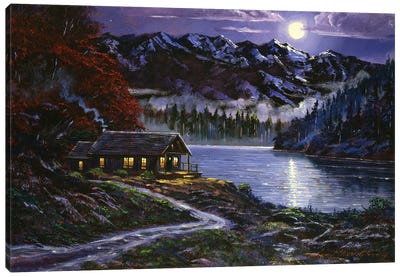 Moonlit Cabin Canvas Art Print - David Lloyd Glover