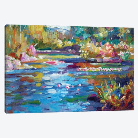 Flowers Reflecting In The Pond Canvas Print #DLG86} by David Lloyd Glover Art Print