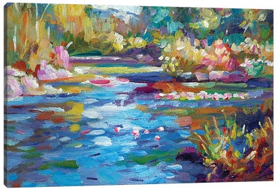 Flowers Reflecting In The Pond Canvas Art Print - Pastel Impressionism