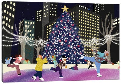 Christmas Eve In The City Canvas Art Print - Ice Skating Art