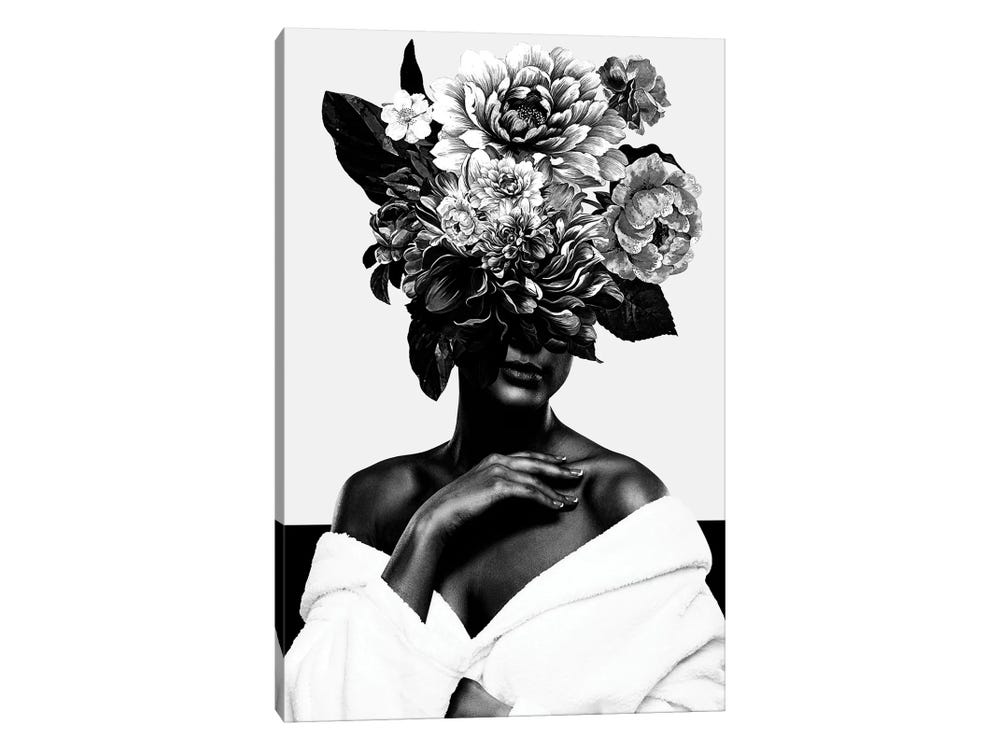 Nordic Rose Flower Canvas Wall Art Print Black White Woman