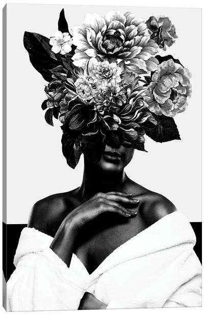Woman With Flower II In Black And White Canvas Art Print - Multimedia Portraits