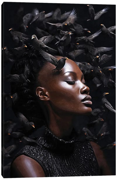 Floral Woman With Black Birds Canvas Art Print - Danilo de Alexandria