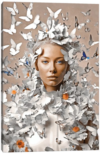 Floral Woman With Butterflys White Canvas Art Print - Danilo de Alexandria