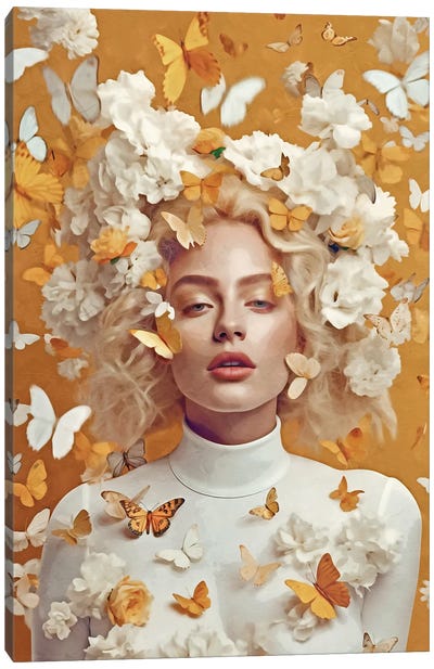 Floral Woman With Butterflys Yellow Canvas Art Print - Danilo de Alexandria