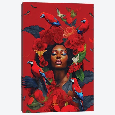 Floral Woman With Macaws Red Canvas Print #DLX715} by Danilo de Alexandria Canvas Art Print